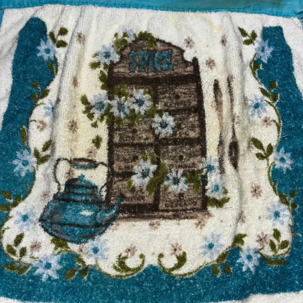 Vintage 1970s Handmade Terry Cloth Half Apron Blue Floral Spice Cabinet Kitchen‎